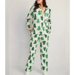 Old Navy Flannel Christmas Tree Print Pajamas 3 Piece Sleep Set Holiday Women’s